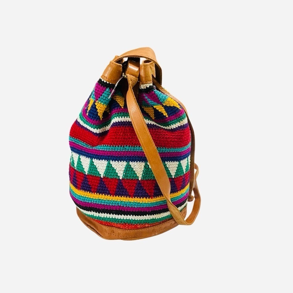 Vintage Handmade Guatemala Boho Multi Color with Leather Trim Bucket Bag - Picture 8 of 15